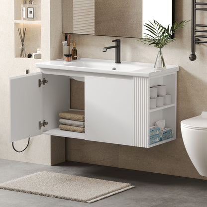 Wall Mounted Bathroom Vanity With Sink, 2 Open Shelves - White