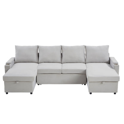U Shaped Sectional Sofa Bed With Storage Chaise Lounges, USB Ports, And Cup Holders