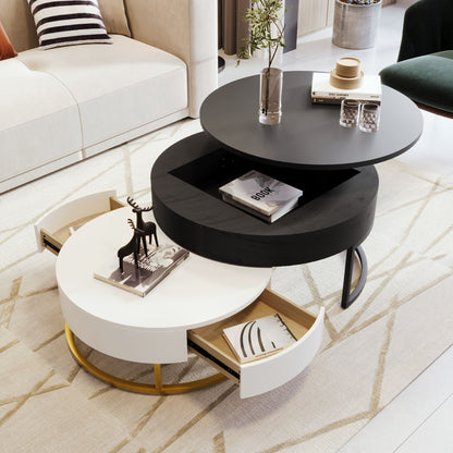 Modern Round Lift-Top Nesting Coffee Tables With 2 Drawers