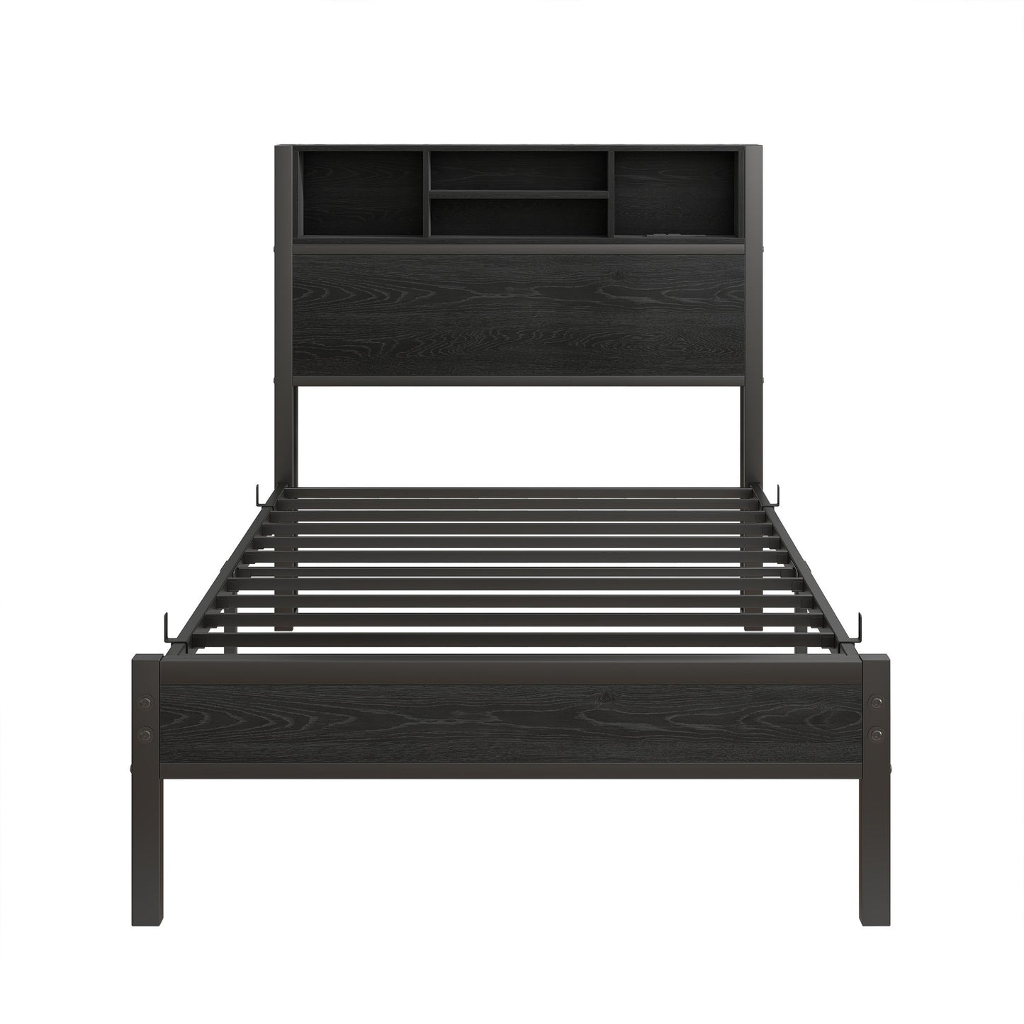 Modern Metal Platform Bed Frame With Storage Headboard And Charging Station