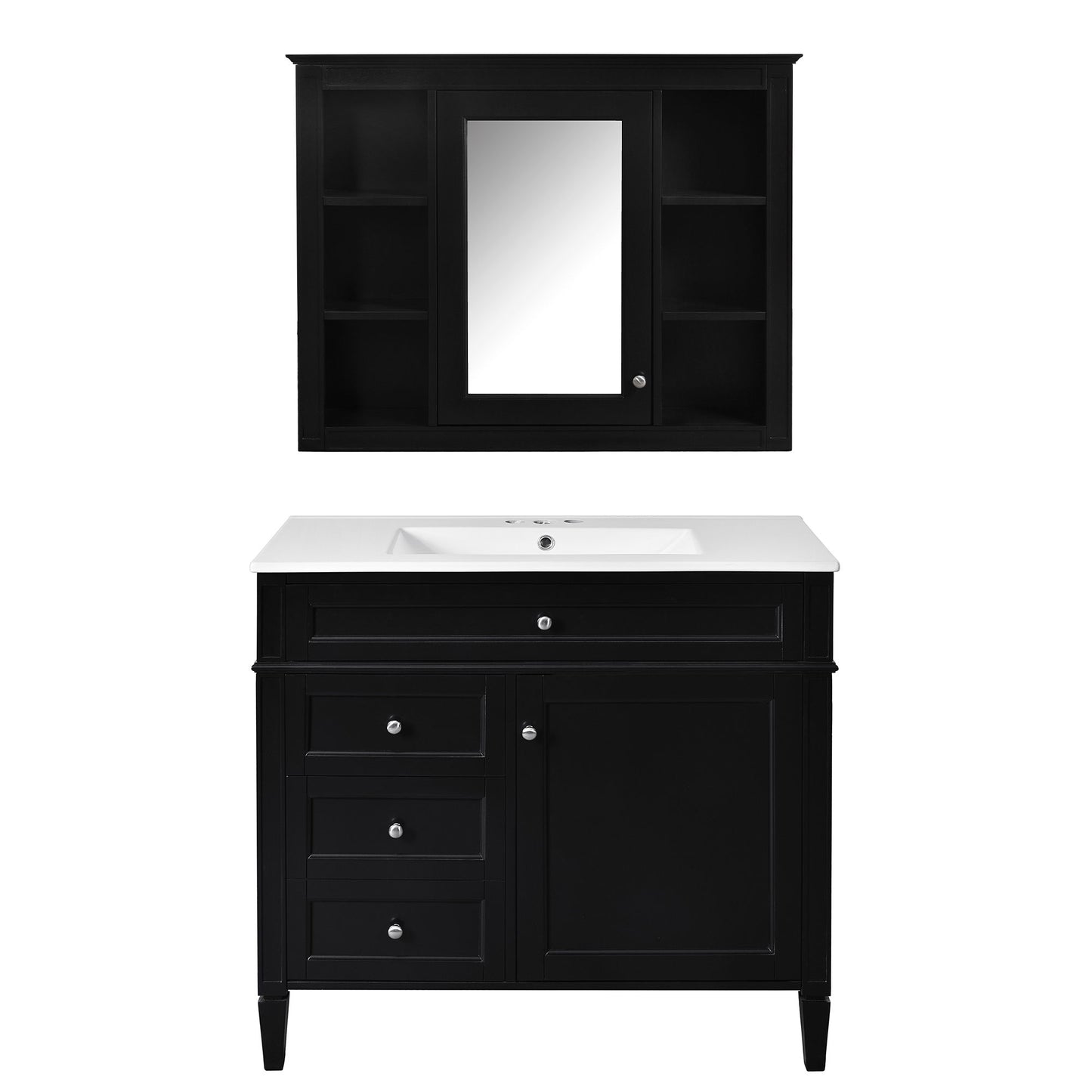 Bathroom Vanity With Mirror Cabinet, Single Sink With 2 Soft Closing Doors And 4 Drawers
