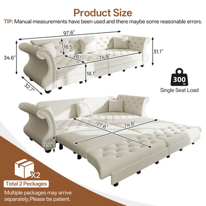 Oversized Chesterfield Pull Out Sofa Bed, Roll Arm Couch With Flower Tufting For Living Room