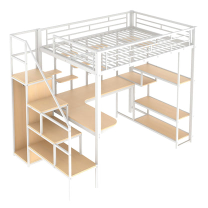 Loft Bed With Storage Staircase And Small Wardrobe, Built - In Desk And Storage Shelves