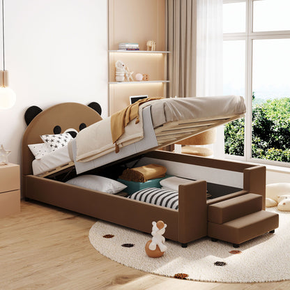 Upholstered Daybed With Bear Shaped Headboard, Hydraulic System And Breathable Mesh Fence