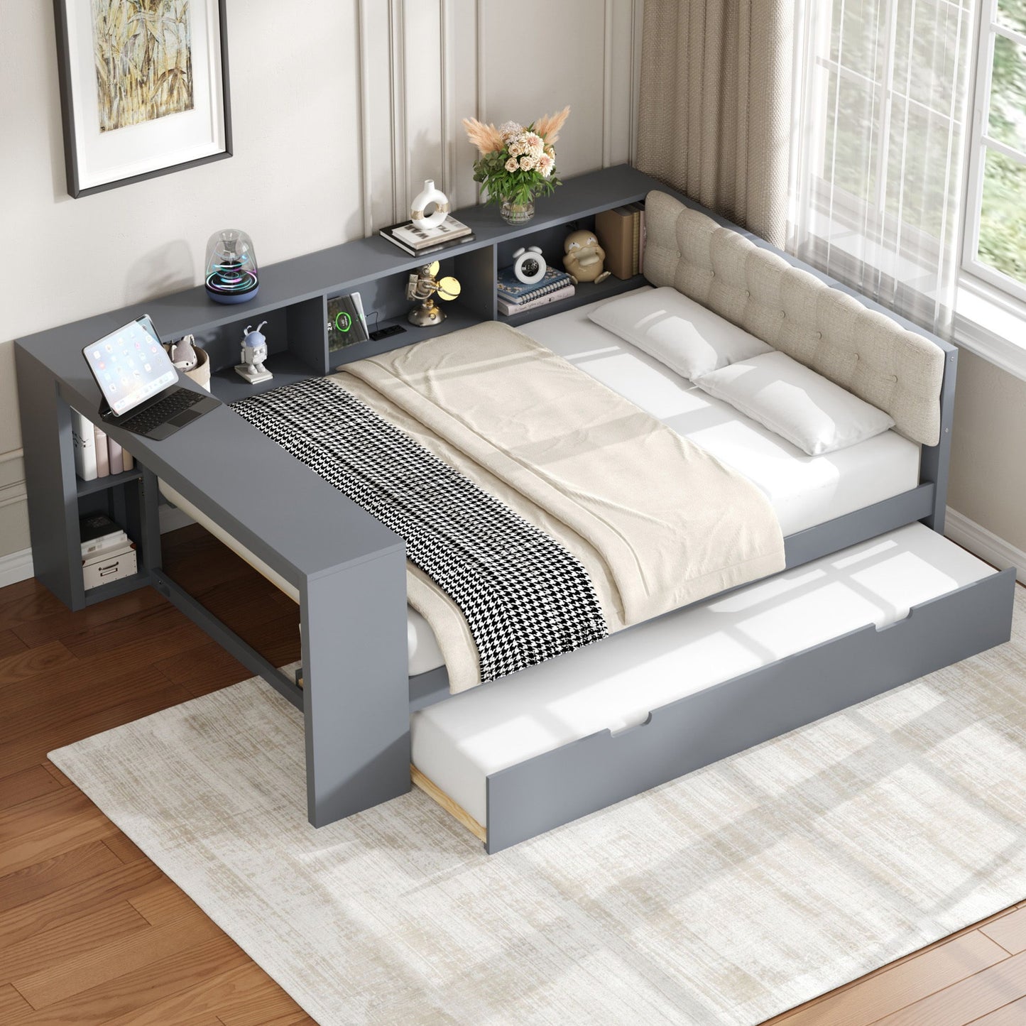 Upholstered Headboard Platform Bed With Storage Shelves, Trundle, Charging Station