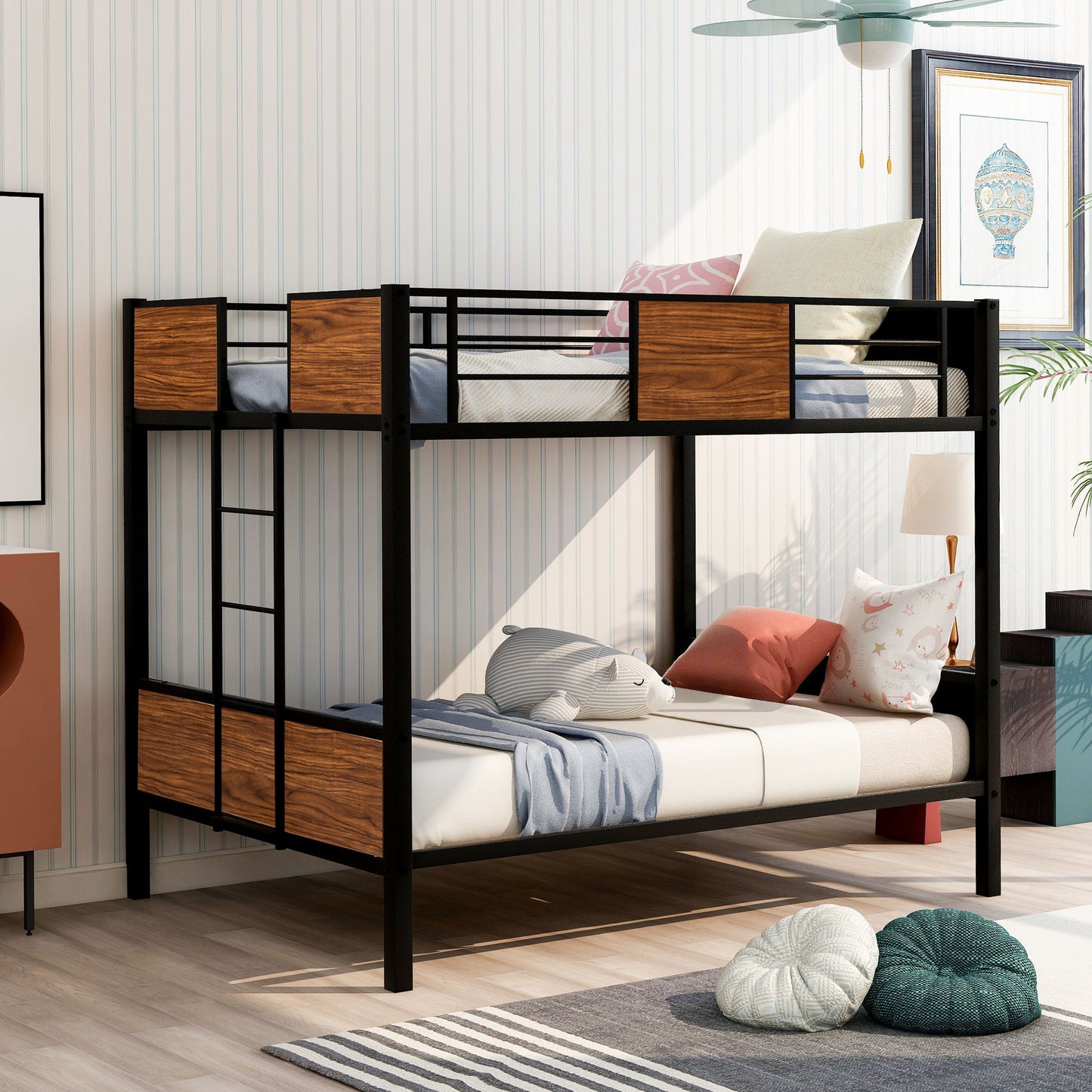 Full Over Full Bunk Bed Modern Style Steel Frame Bunk Bed With Safety Rail, Built-In Ladder For Bedroom - Brown