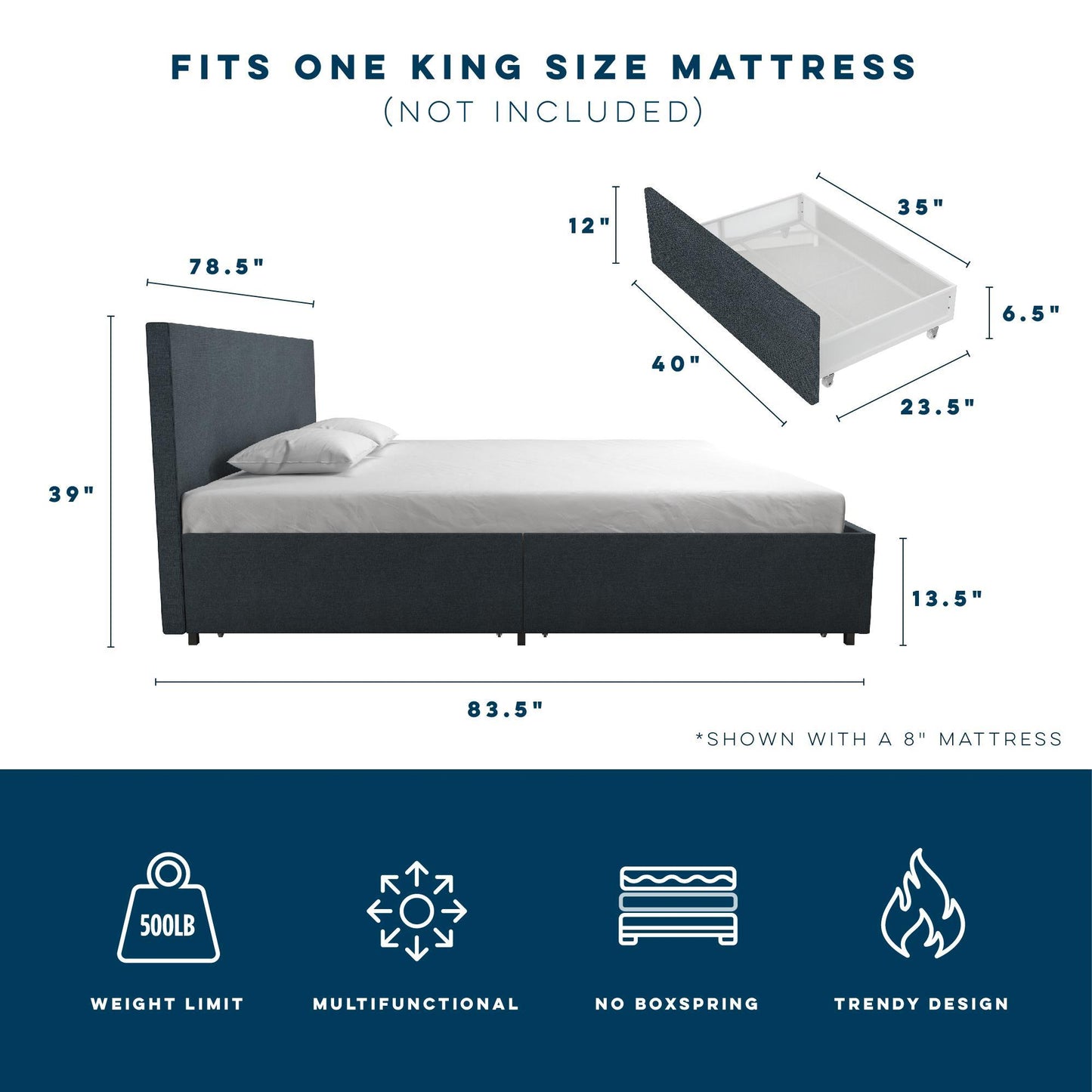Kelly - King Upholstered Bed With Storage - Navy