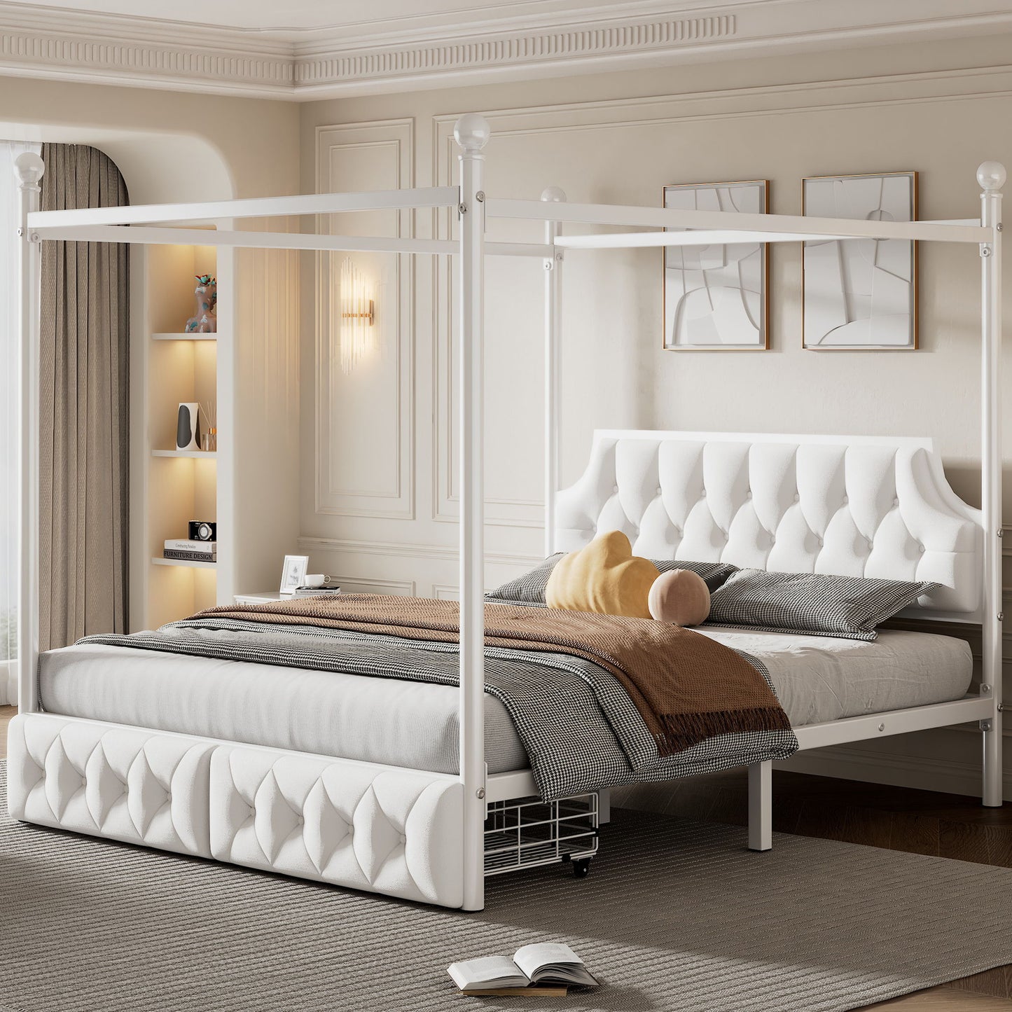 Canopy Platform Bed With Upholstered Headboard And 2 Storage Drawers - White