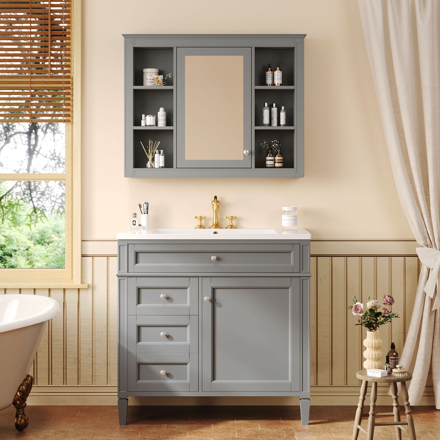 Bathroom Vanity With Mirror Cabinet, Storage Cabinet With 2 Soft Closing Doors And 4 Drawers, Undermount Sink