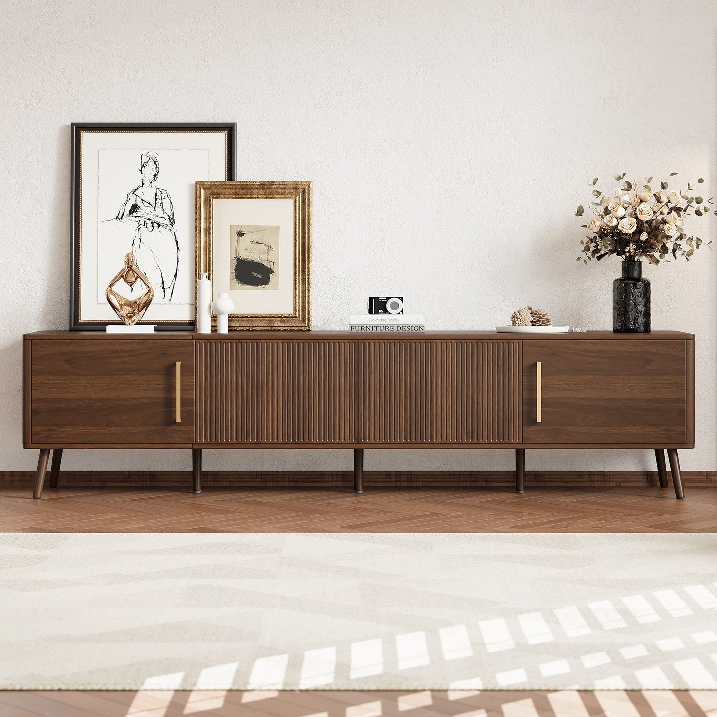 TV Stand For TVs Up To 85" With Fluted Door, Cable Management, Soft-Closing Hinges - Walnut