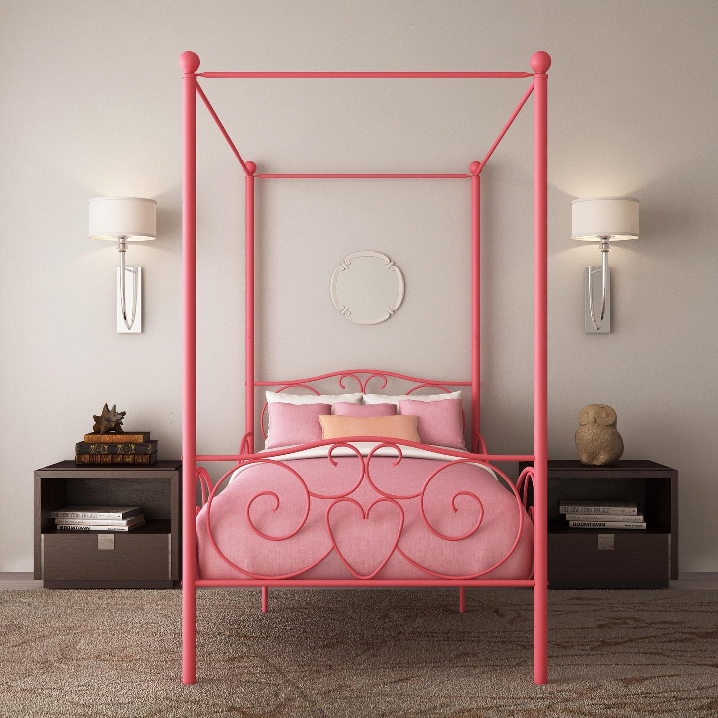 Twin Canopy Bed With Heart Scroll Design And Finial Posts - Pink