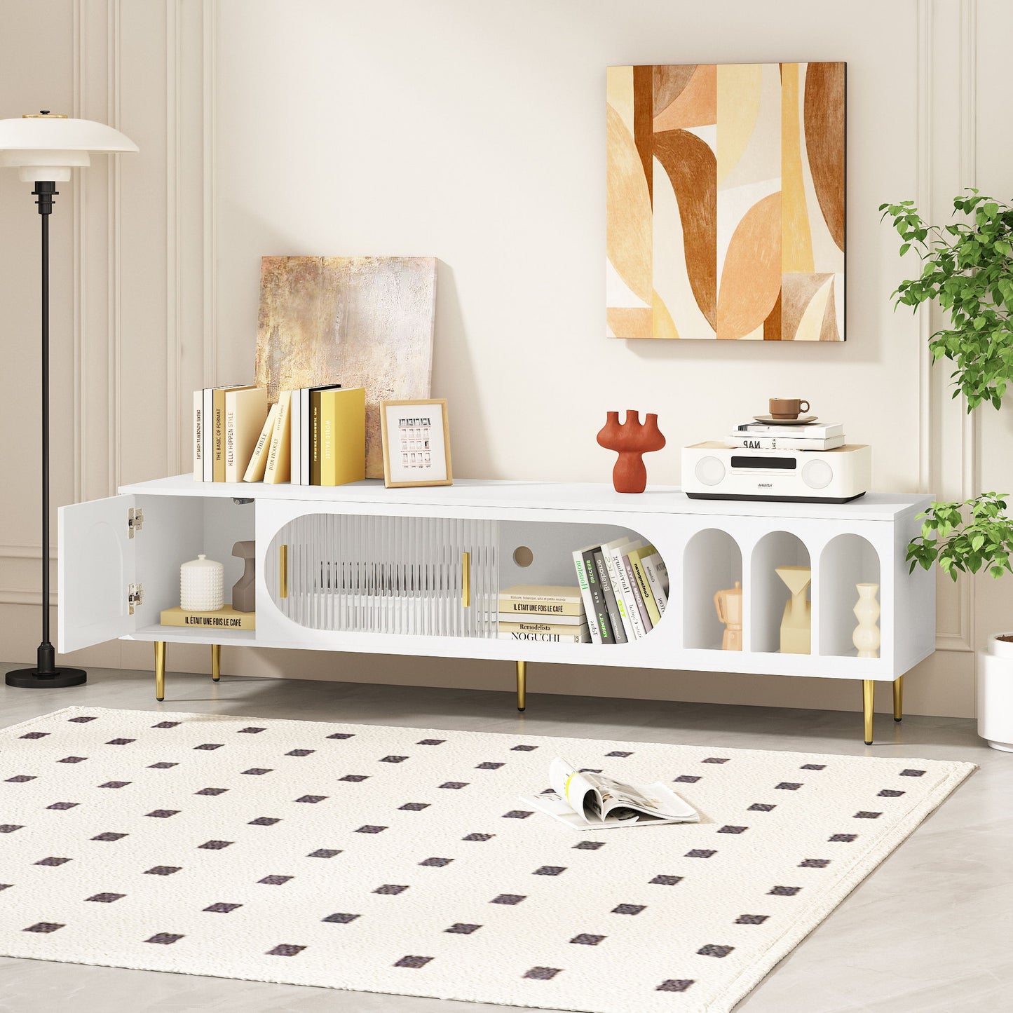 Modern TV Stand With 3 Shelves And 2 Cabinets