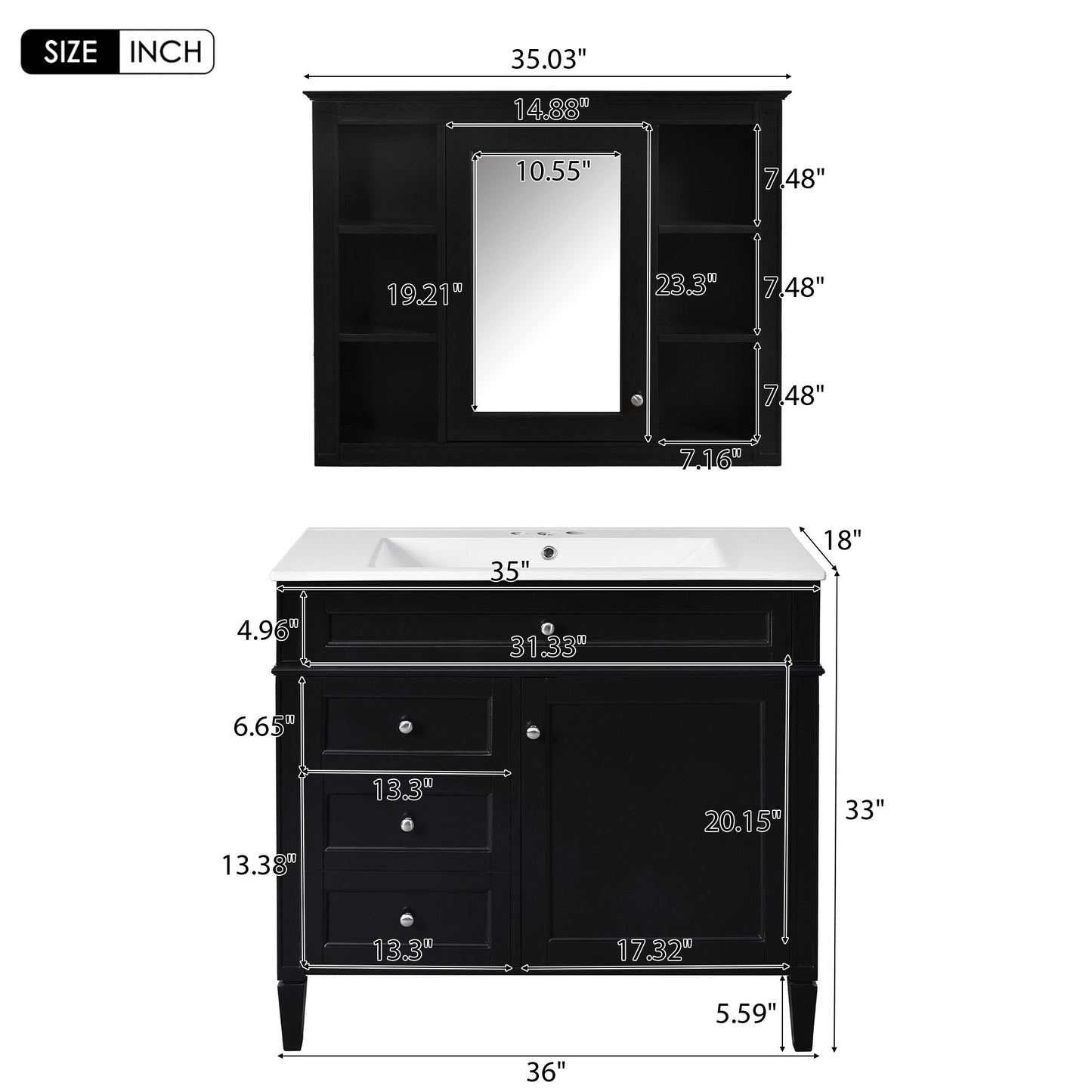 Bathroom Vanity With Mirror Cabinet, Storage Cabinet With 2 Soft Closing Doors And 4 Drawers, Undermount Sink