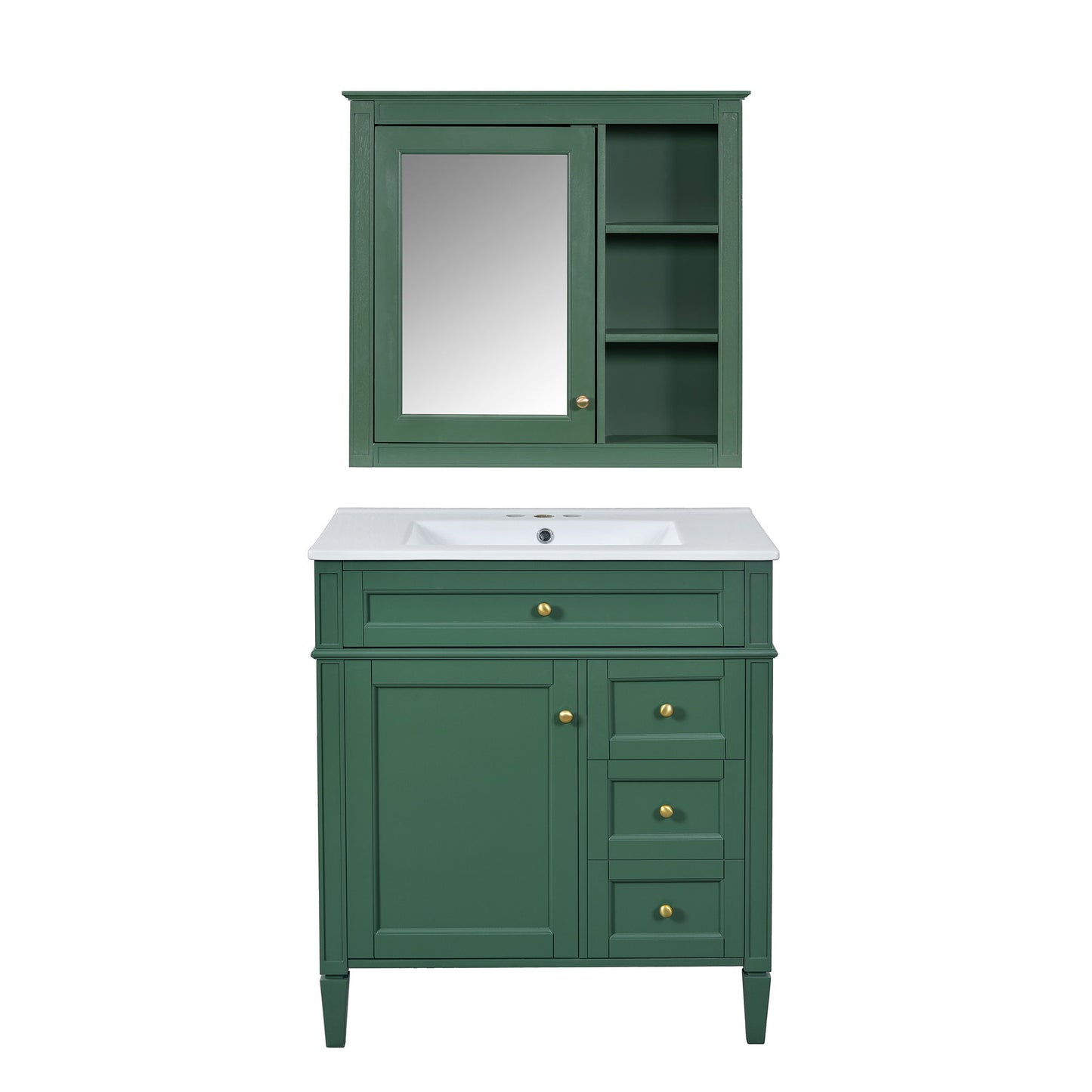 Bathroom Vanity With Top Sink, 2 Doors And 3 Drawers, Freestanding Set With Mirror Cabinet