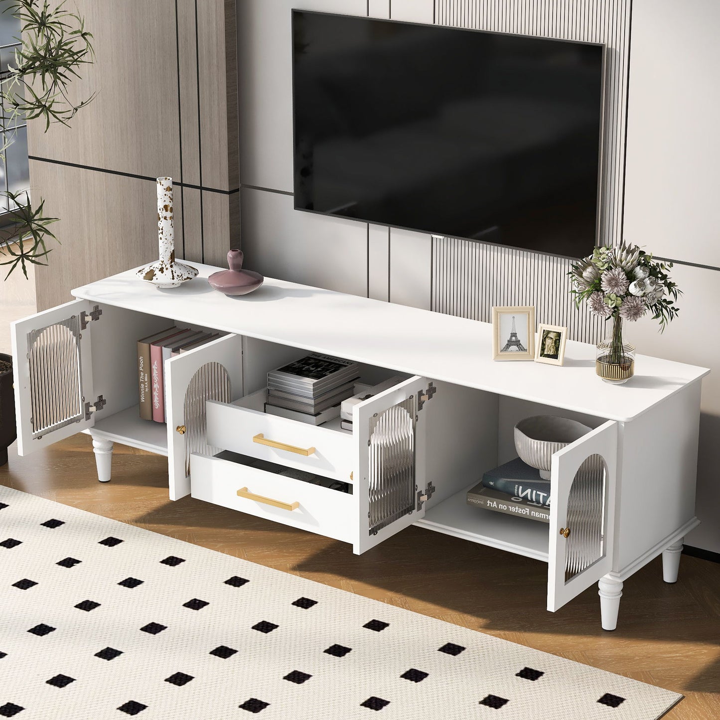 Retro TV Stand With Fluted Glass Doors