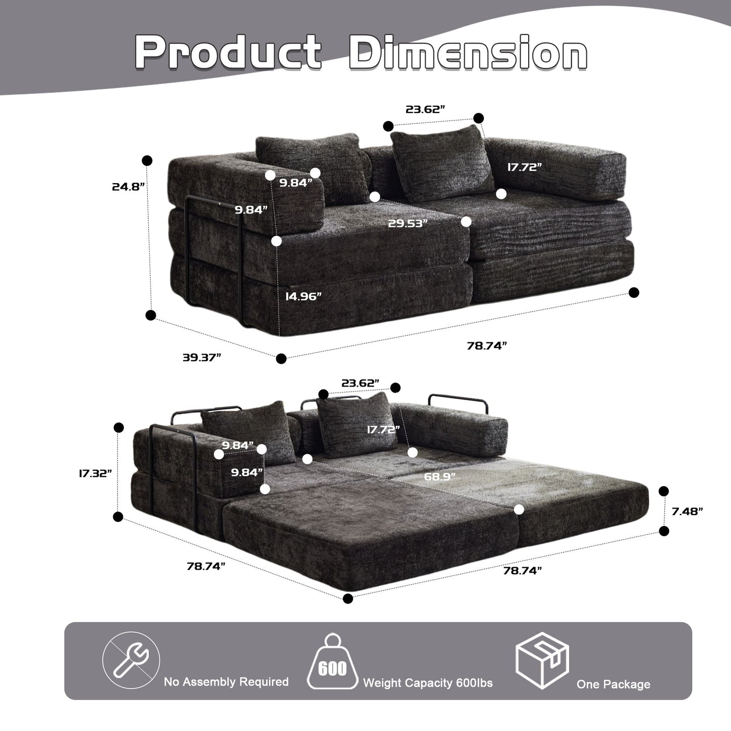 Convertible Floor Sofa Bed With Pillow Back Support Armrest