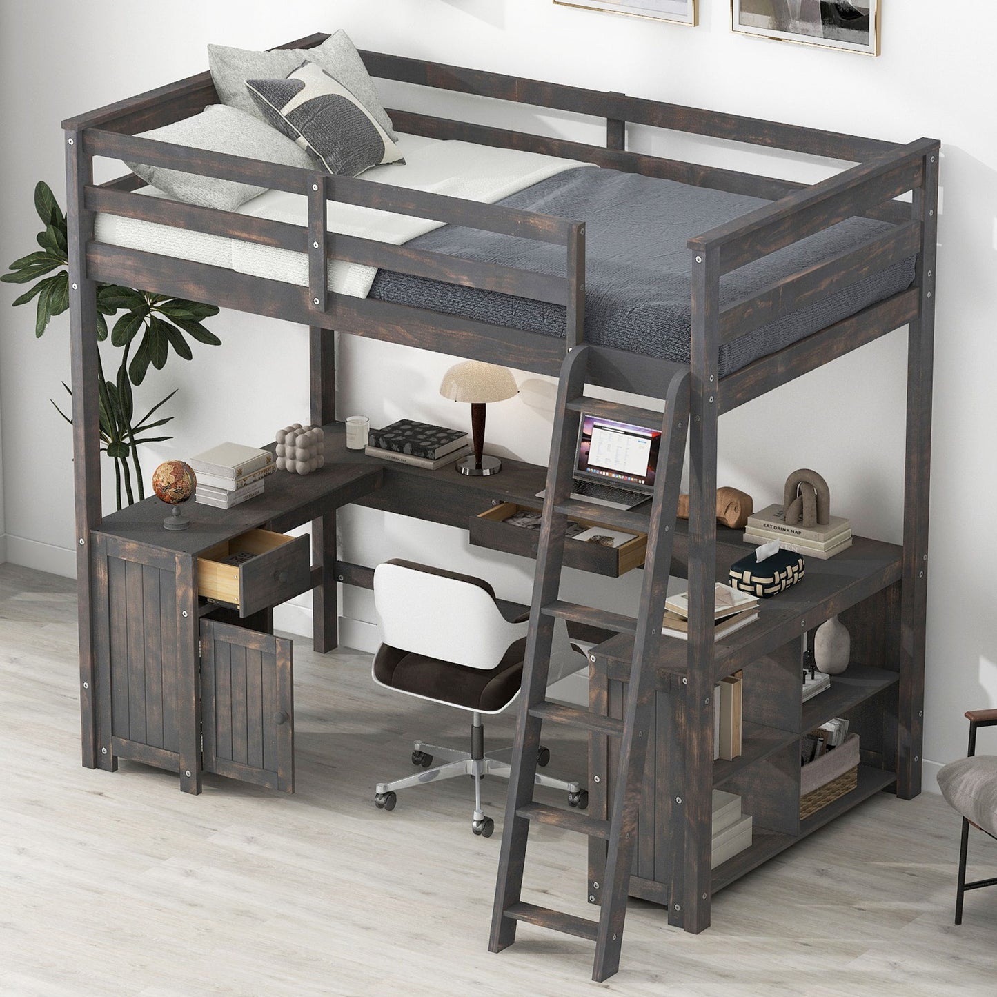 Loft Bed With U-Shaped Desk, Drawers, And Storage Shelves