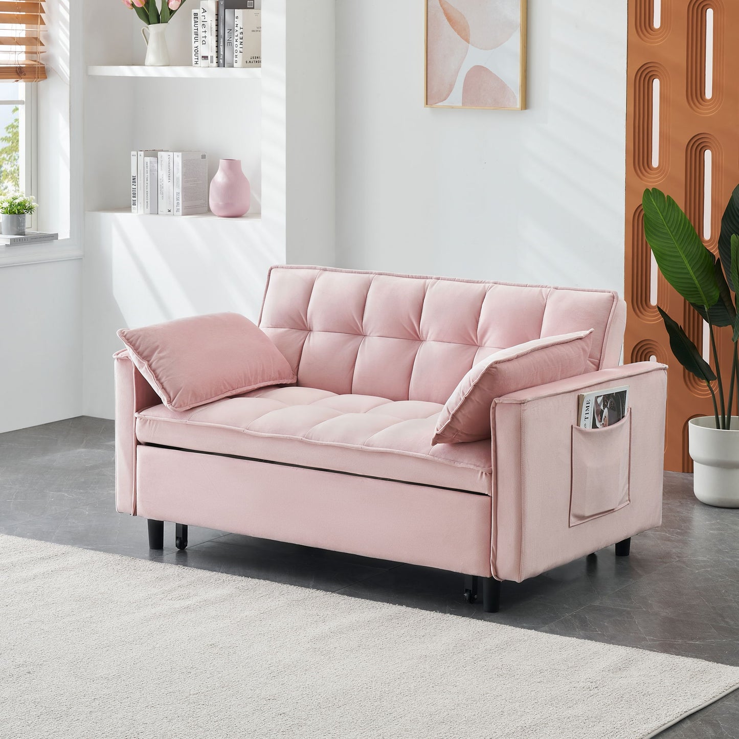 Modern Sofa, Sofa Pull-Out Bed, Small Love Seat Casual Sofa With Back, With Pillow, Pockets, Living Room Furniture, 3 In 1 Convertible Sleep Sofa Bed