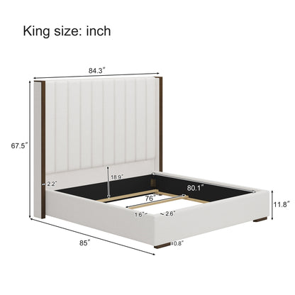 Tall Headboard Upholstered Bed With Vertical Striped And Wingback Design, Box Spring Needed