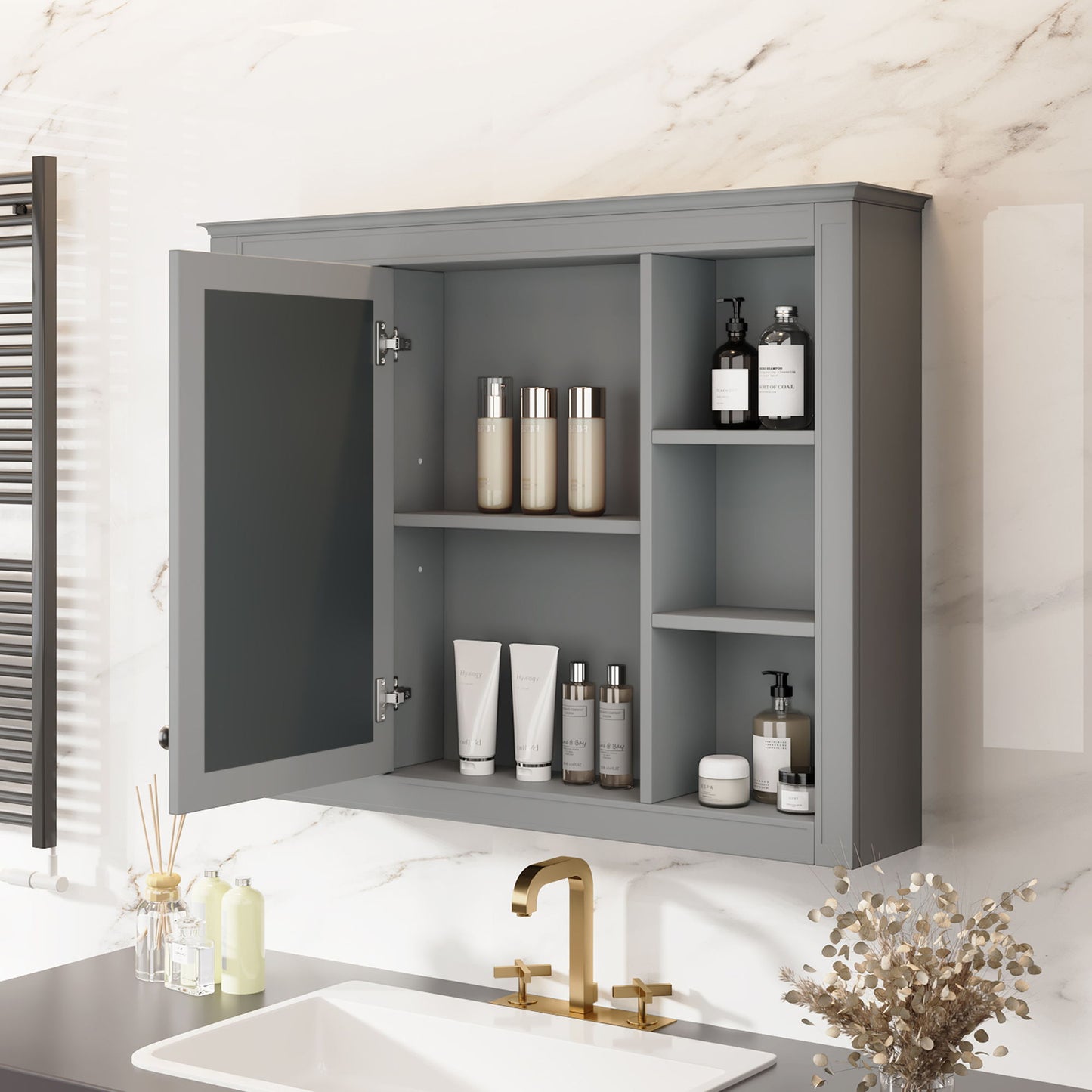 Wall Mounted Medicine Cabinet With Mirror, Storage Cabinet Featuring 6 Open Shelves And Adjustable Interior