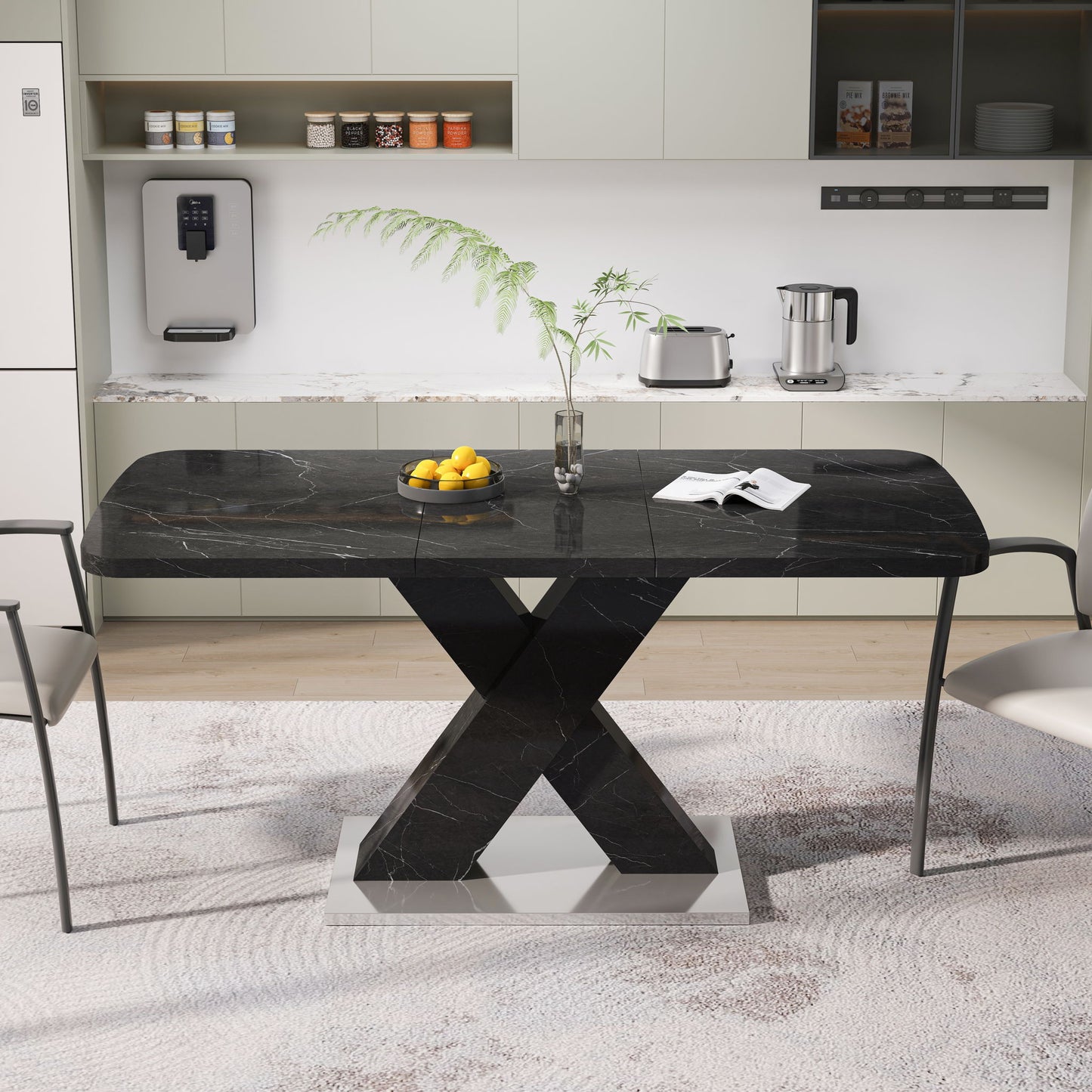 Modern Rectangle Dining Table With Stretchable TopAnd X Shape Legs
