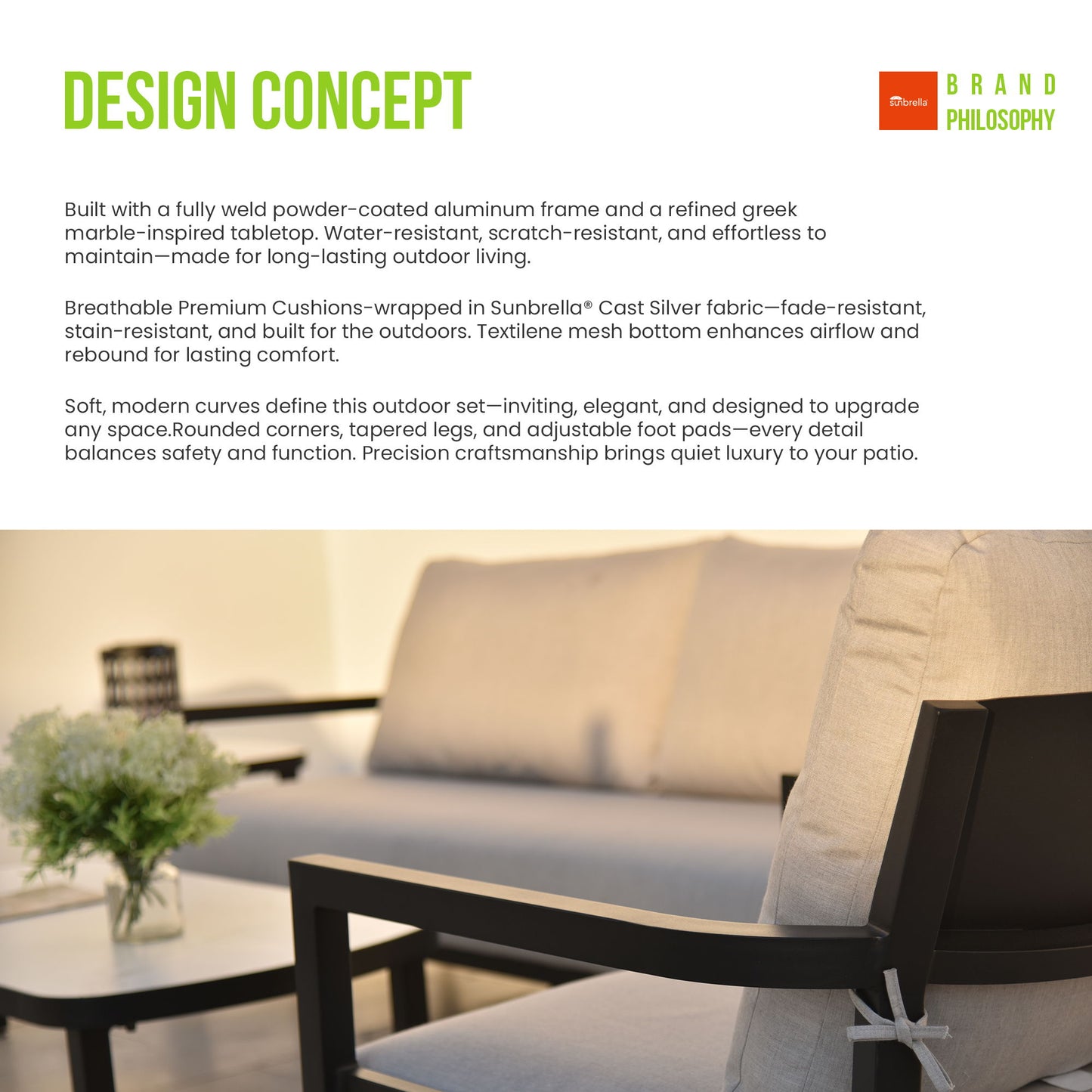 Outdoor Bench Seat Sofa, Sunbrella Cushion, Weather Resistant For Patio - Ember Black