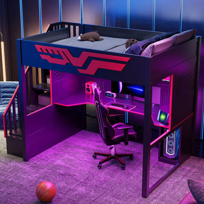 Full Gaming Loft Bed With Desk And Storage Staircase, LED Lights And USB - Red / Black