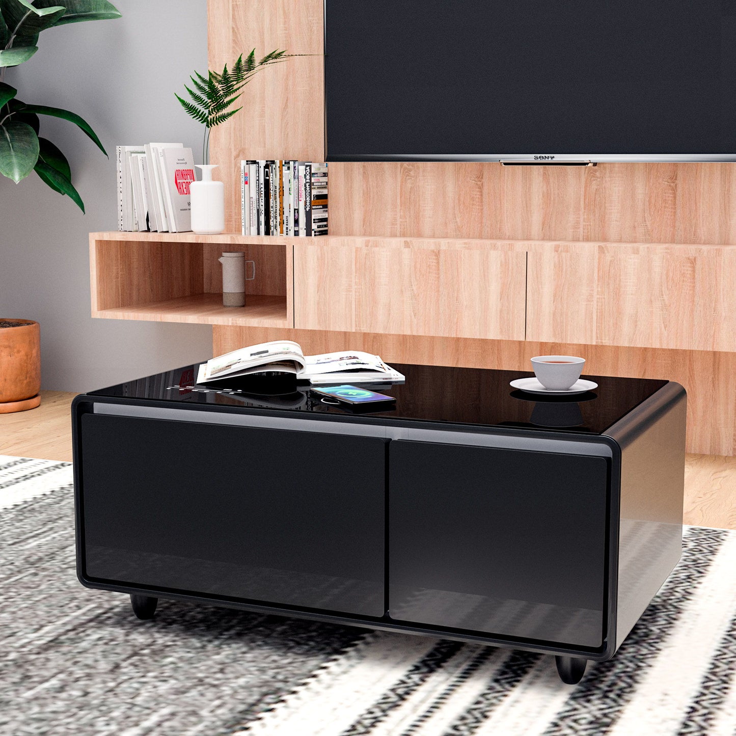 Modern Smart Coffee Table With Built-In Fridge - tooth Speaker, Wireless Charging, Touch Control Panel, USB Interface, Outlet Protection, Atmosphere Light