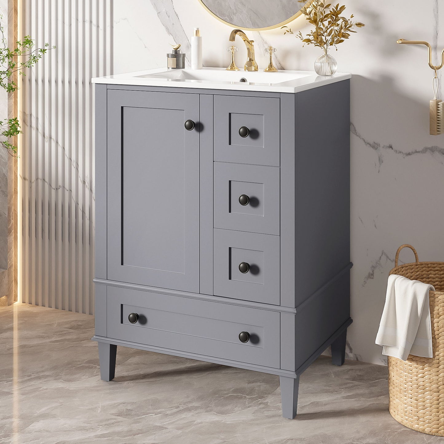 Bathroom Vanity With Integrated Basin, Soft Close Drawers, Door Mounted Double Layer Shelf