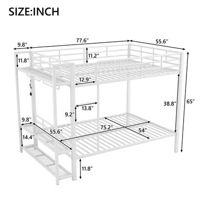 Bunk Bed With Storage Mesh Shelves, Clothes Hooks, LED Light