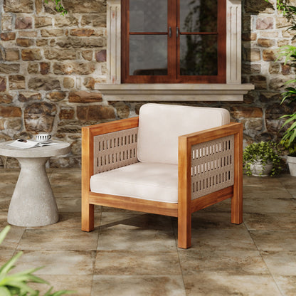 Outdoor Club Chair & Rope Arm And Cushions - Beige / Teak