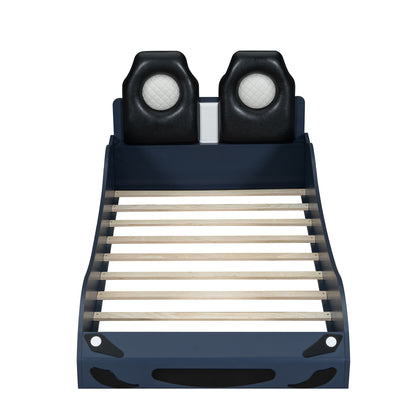 Race Car Shaped Platform Bed With LED And Upholstered Backrest In