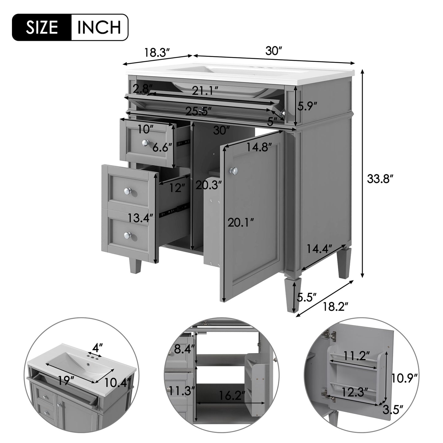 Bathroom Vanity With Top Sink, Storage Cabinet With 2 Drawers, Tip Out Drawer
