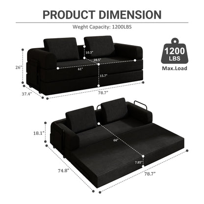 Convertible Sleeper Sofa Bed With Cylindrical Pillow, Fixed Shape Frame