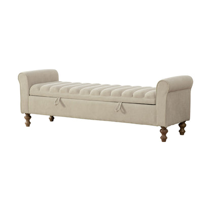 Wide Upholstered Storage Bench With Rolled Armrest For Bedroom - Griege
