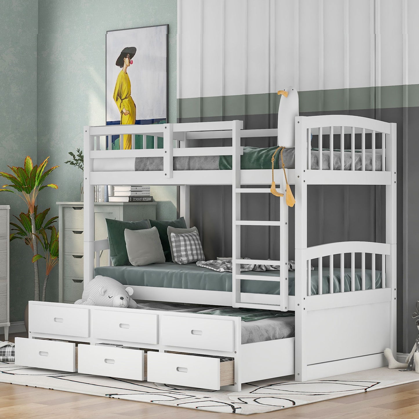 Bunk Bed With Trundle And Drawers, Arched Headboard And Footboard