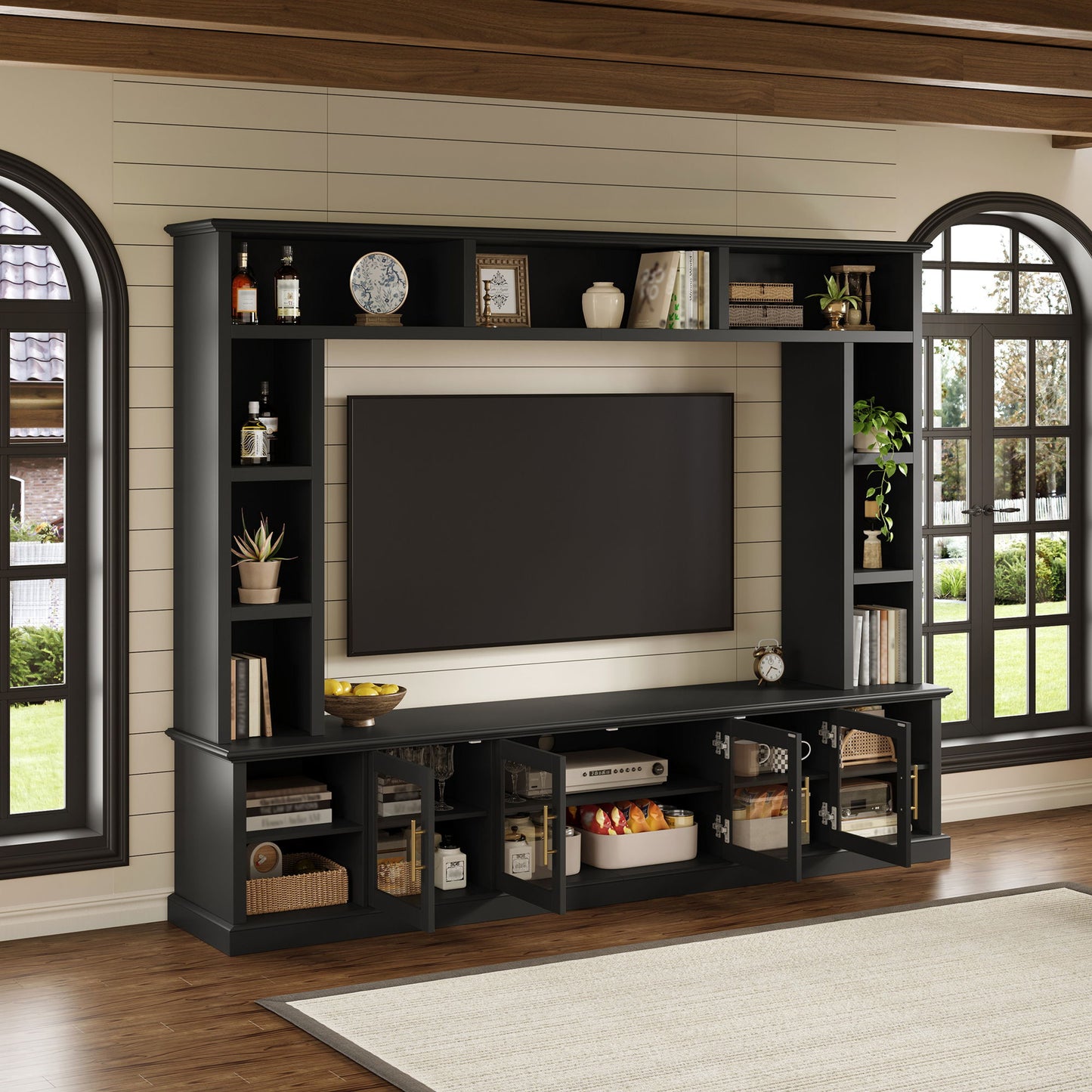 All-In-One Entertainment Center With Bookshelves & Tempered Glass Doors, TV Console Unit For Living Room