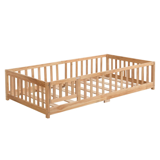 Solid Wood Floor Bed With Door And Fence For Children