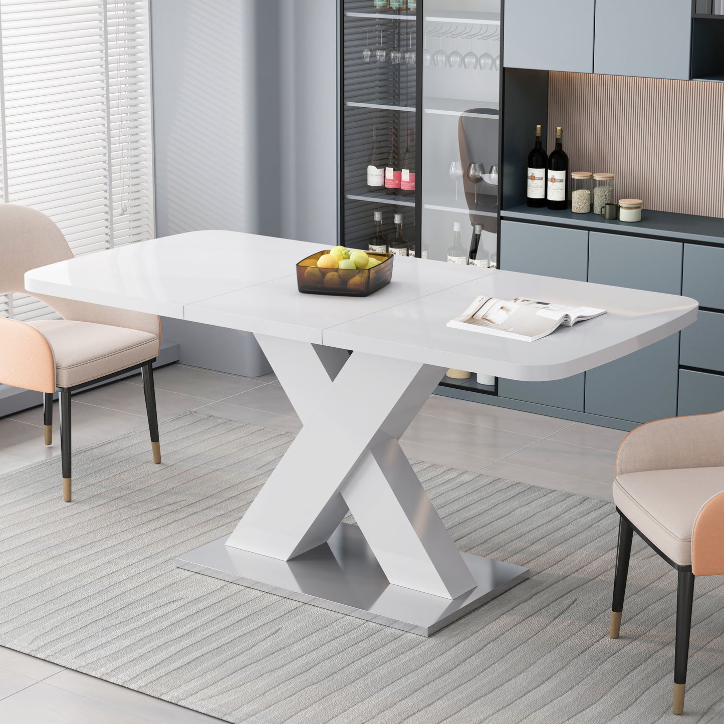 Rectangle Dining Table, Stretchable, X Shape Legs - White
