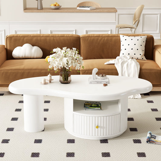 Cloud - Coffee Table, Irregular Shape Coffee Table With 1 Dreawer And Shelf For Living Room - White