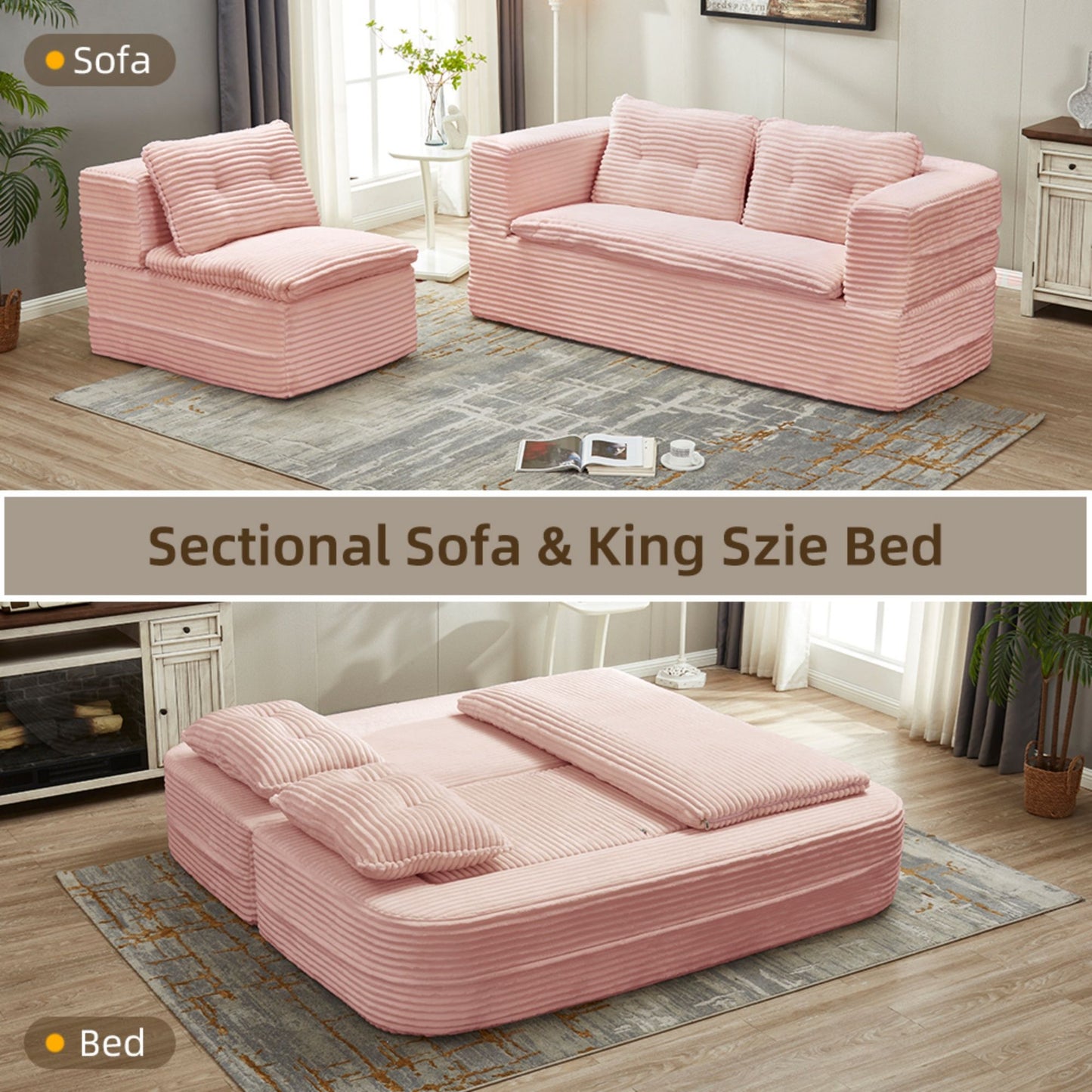 Multi Functional Sectional Sofa Bed With Independent Chaise Lounge And Functional Blanket, Convertible King Size Bed, Deep Seat - Baby Pink