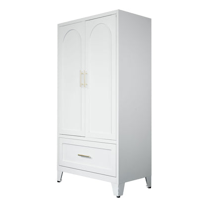 Wardrobe Cabinet With 1 Drawer And Hanging Rod, 2 Doors Closet With Shelf For Bedroom - White