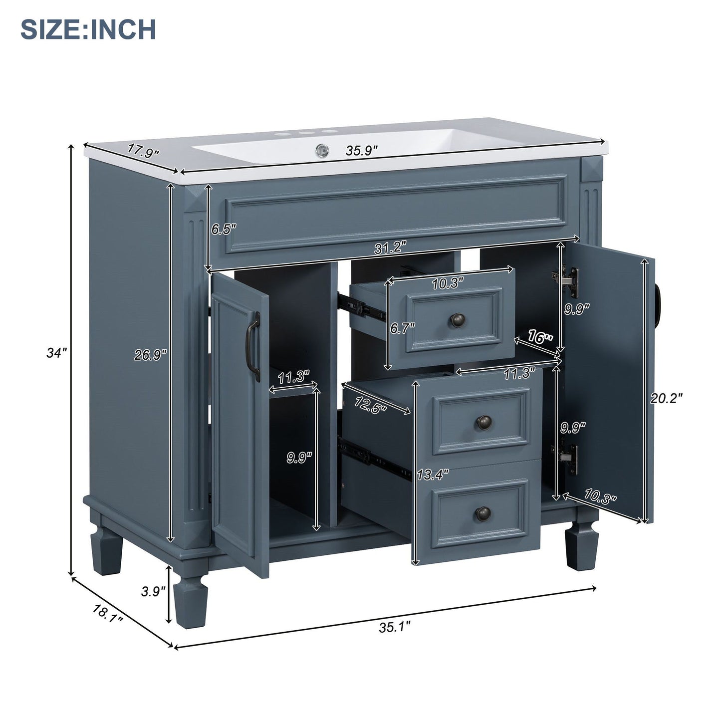 Bathroom Vanity With Top Sink, Mirror Cabinet, 2 Soft Closing Doors & 2 Drawers