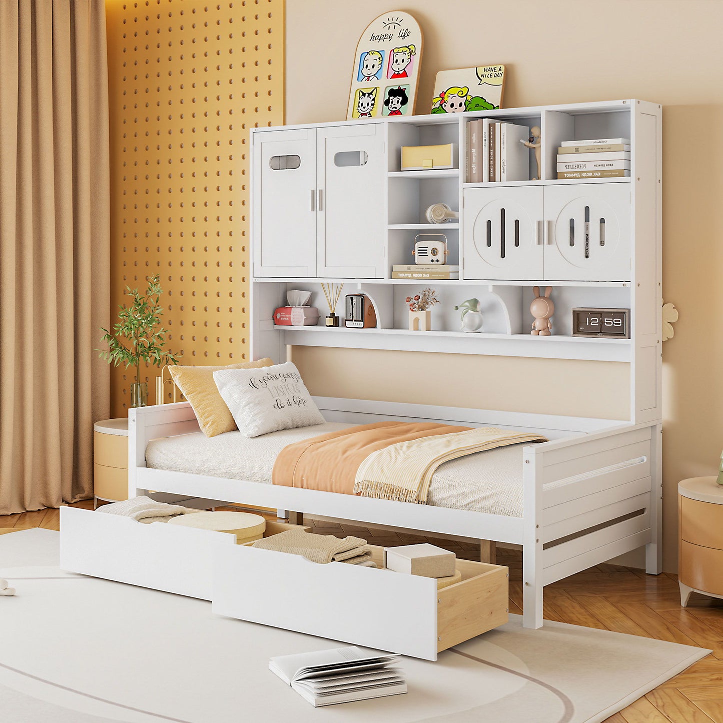 Daybed With All-In-One Cabinet And Shelf