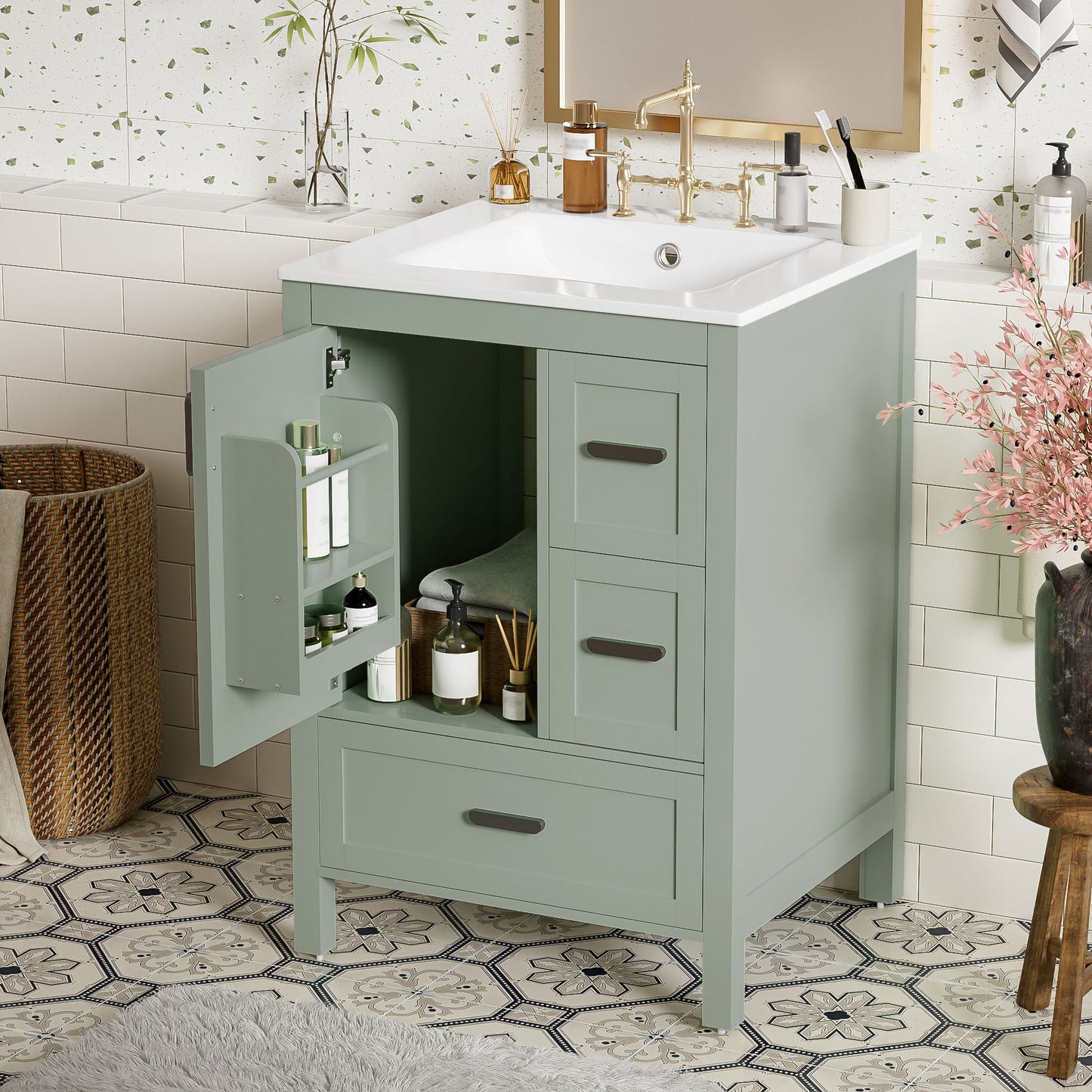 Bathroom Vanity With Sink, Soft-Close Doors, Double-Layer Shelf And 3 Drawers
