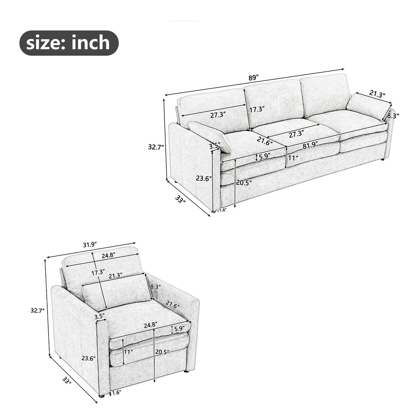 Cloud Sofa Set Couch For Living Room - Light Gray