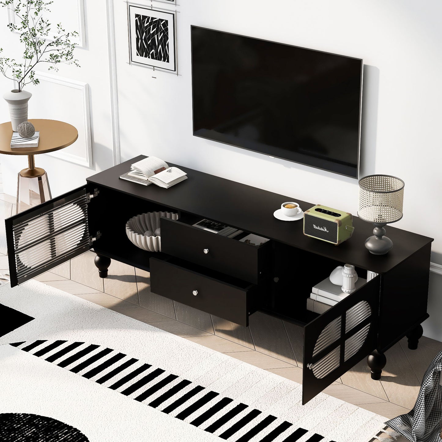 Modern TV Stand For TVs Up To 75" With Fluted Glass Doors