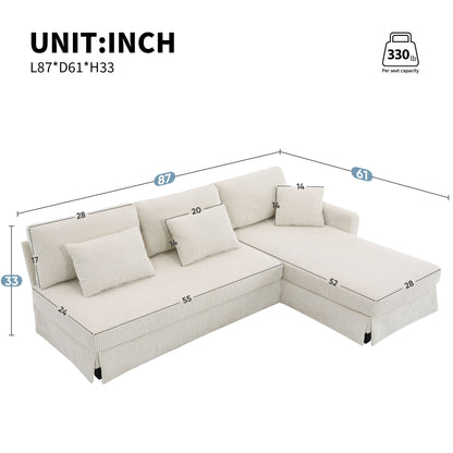 Modern L-Shaped Corduroy Sofa With Reversible Chaise, 4-Seat Upholstered Sectional Indoor Furniture, Convertible Sleeper Couch With Pillows For Living Room, Apartment