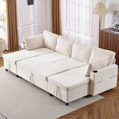Sectional Sofa Bed With Pull Out Sleeper, USB Ports, Cup Holders