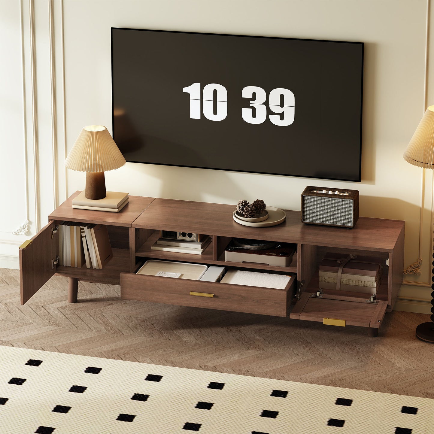 TV Stand For 75" TVs With Soft Closing Doors, Console With Accents And Drop Down Cabinet - Dark Brown